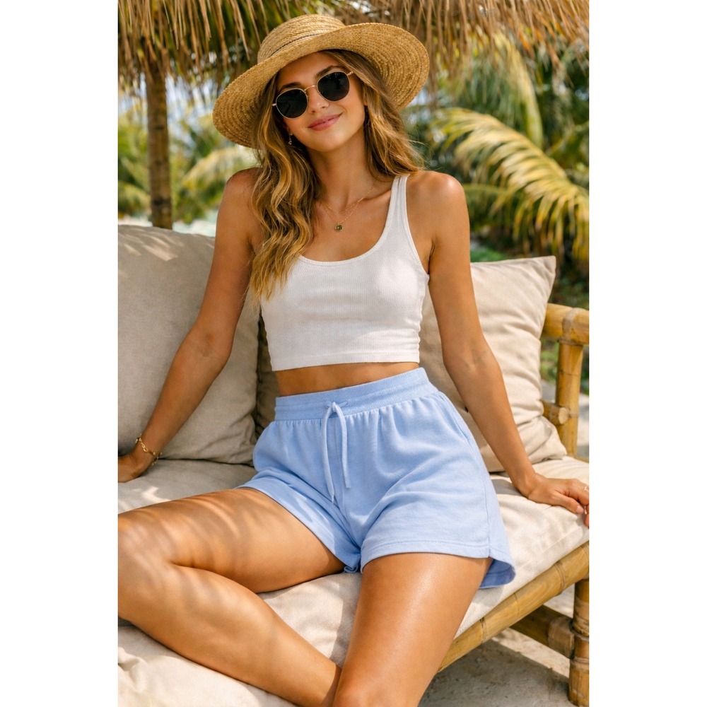 Riachuelo Pool Basics Blue Terry Shorts Sze L Summer Vacation Loungewear Coastal